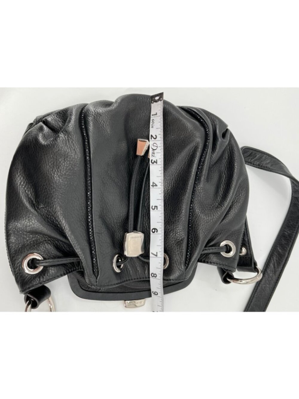 B Makowsky Drawstring Bucket Bag Black Pebbled Leather Silver Hardware Pocket - Picture 12 of 13